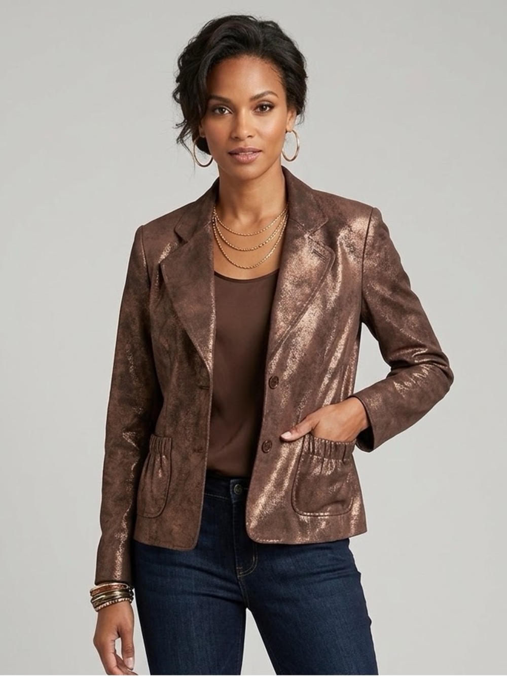 C&E Studio Metallic Bronze Genuine Suede Leather Blazer Jacket 6